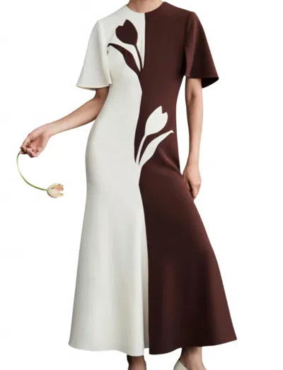 Lela Rose Short Sleeve A-line Dress In Cream/walnut In Multi