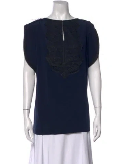 Pre-owned Lela Rose Silk Crew Neck Blouse In Blue