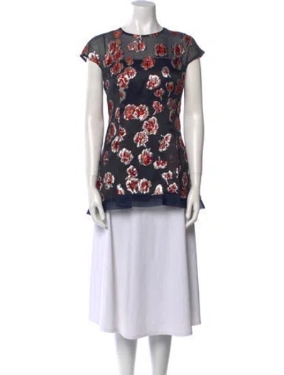 Pre-owned Lela Rose Silk Floral Print Blouse In Blue