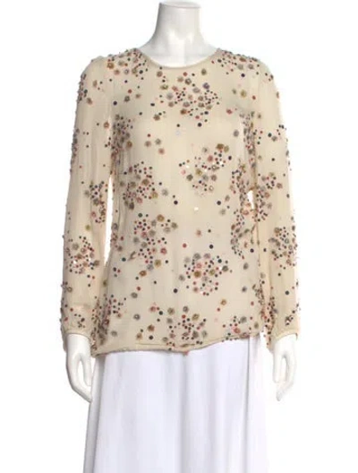 Pre-owned Lela Rose Silk Floral Print Blouse In Neutral