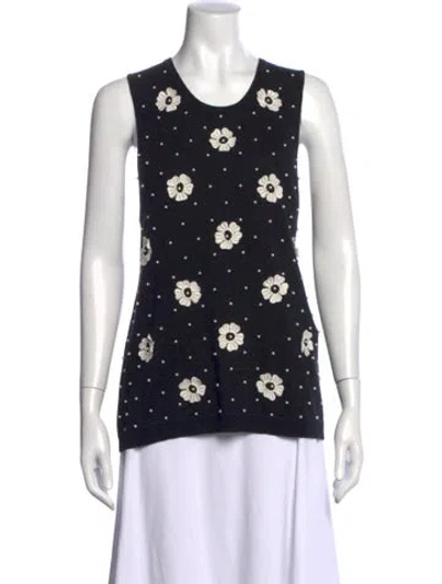Pre-owned Lela Rose Silk Floral Print Top In Black