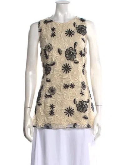 Pre-owned Lela Rose Silk Floral Print Top In Neutral