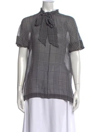 Pre-owned Lela Rose Silk Plaid Print Blouse In Black
