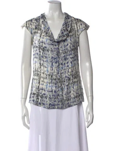 Pre-owned Lela Rose Silk Printed Blouse In Blue