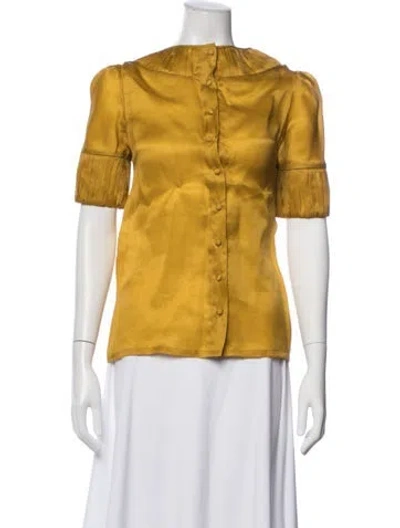 Pre-owned Lela Rose Silk Short Sleeve Button-up Top In Gold