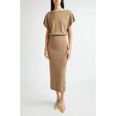 Lela Rose Slinky Blouson Sweater Dress In Brown