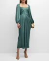 Lela Rose Square-neck Long-sleeve Draped Midi Dress In Sage