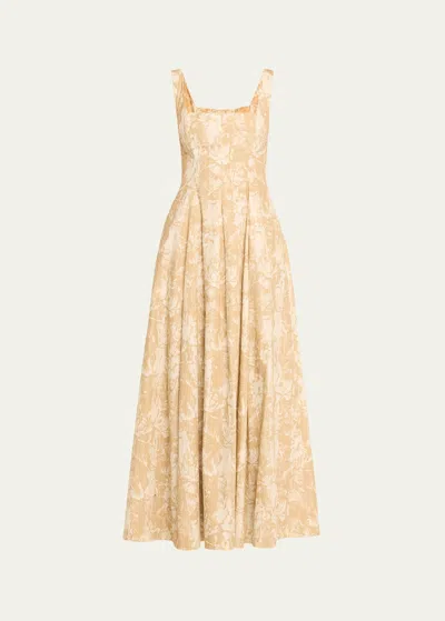 Lela Rose Square-neck Striped Flower-print Sleeveless Maxi Dress In Sand Ivory