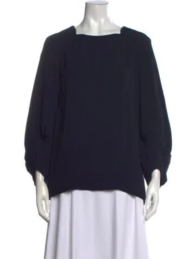 Pre-owned Lela Rose Square Neckline Long Sleeve Blouse In Blue