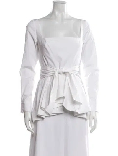 Pre-owned Lela Rose Square Neckline Long Sleeve Blouse In White