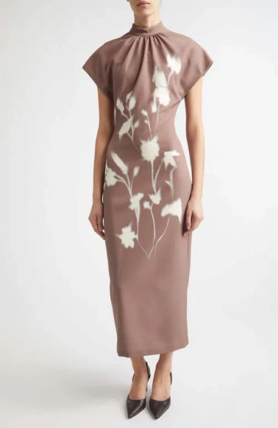 Lela Rose Stella Floral Crepe Midi Dress In Clay