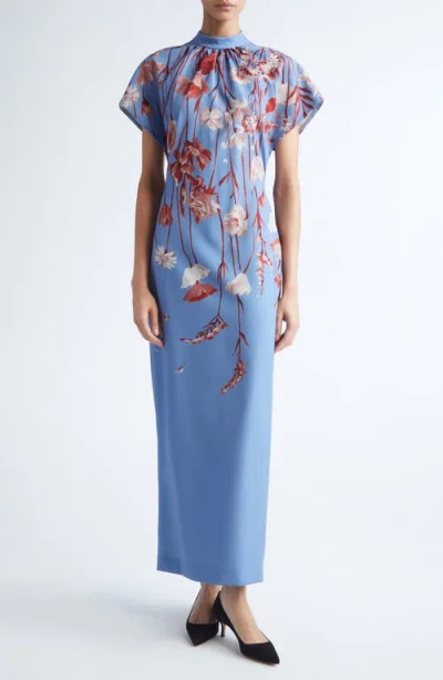Lela Rose Stella Floral Stretch Crepe Dress In Blue