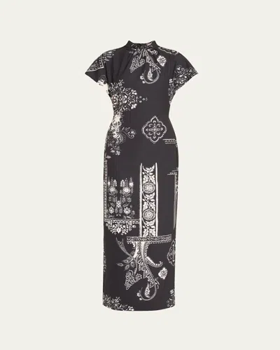 Lela Rose Stella Printed Short-sleeve Maxi Dress In Black