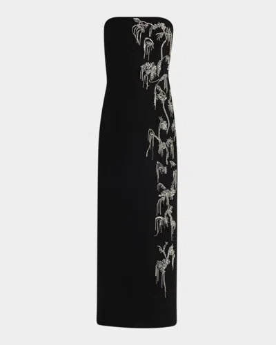 Lela Rose Strapless Crystal Fringe Sheath Midi Dress In Black