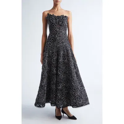 Lela Rose Strapless Floral Lace Gown In Black
