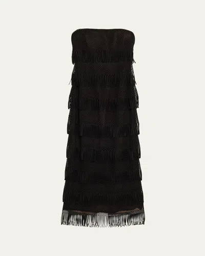 Lela Rose Strapless Tiered Macrame Lame Gown In Black