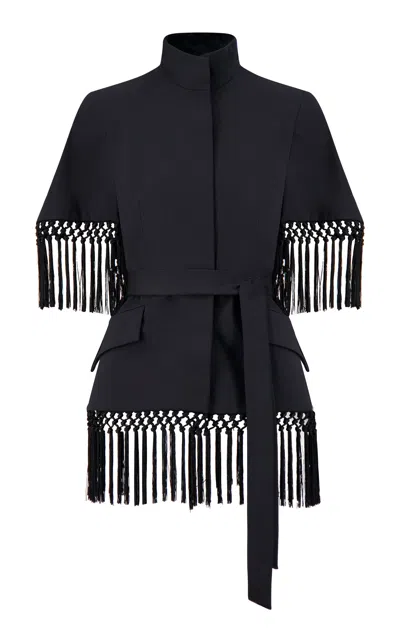 Lela Rose Stretch Cotton Fringed Cape In Black
