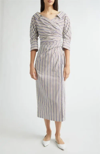Lela Rose Stripe Asymmetric Cotton Shirtdress In Gray