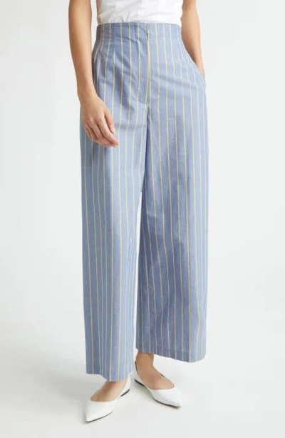 Lela Rose Stripe Hollywood Waist Cotton & Linen Wide Leg Ankle Pants In Purple