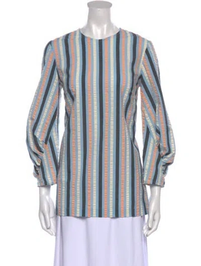 Pre-owned Lela Rose Striped Bateau Neckline Blouse In Blue