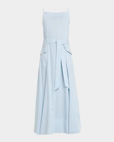 Lela Rose Striped Cotton Poplin Belted Midi Dress In Blue