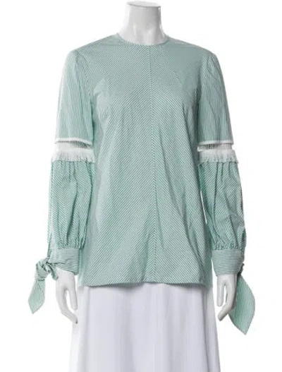 Pre-owned Lela Rose Striped Crew Neck Blouse In Green