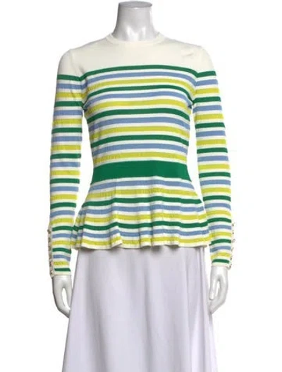 Pre-owned Lela Rose Striped Crew Neck Blouse In Green