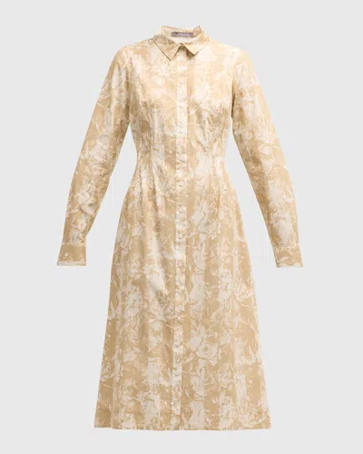 Lela Rose Striped Floral-print Long-sleeve Midi Shirtdress In Sand/ivory