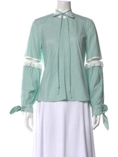 Pre-owned Lela Rose Striped Tie Neck Blouse In Green