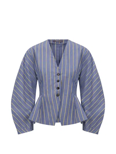 Lela Rose Striped V-neck Blouse In Purple