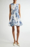 Lela Rose Tapestry Floral Bubble Hem Watteau Back Dress In Powder Blue