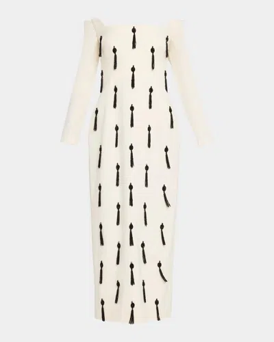 Lela Rose Tassel Embroidered Stretch Cotton Off-the-shoulder Column Dress In White