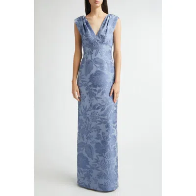 Lela Rose Textured Floral Jacquard Gown In Gray