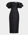 Lela Rose Thelma Off-the-shoulder Puff-sleeve Fil Coupe Midi Dress In Black