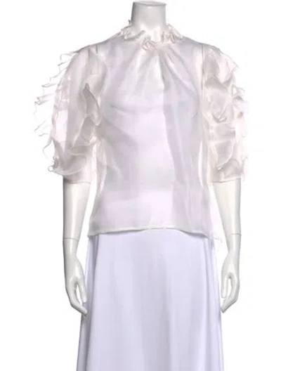 Pre-owned Lela Rose Tie Neck Short Sleeve Blouse In White