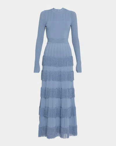 Lela Rose Tiered Fringe Long-sleeve Maxi Dress In Blue