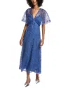 Lela Rose V-neck Tulip Lace Cape-sleeve Midi Dress In Blue