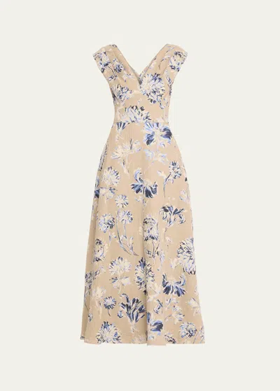 Lela Rose V-neck Floral-print Sleeveless Empire-waist Maxi Dress In Neutral