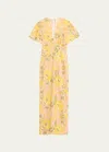 Lela Rose V-neck Flower Sequin Cape-sleeve Column Maxi Dress In Limoncello