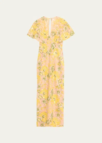 Lela Rose V-neck Flower Sequin Cape-sleeve Column Maxi Dress In Yellow