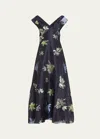 Lela Rose V-neck Metallic Floral Gingham Jacquard Midi Dress In Navy