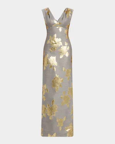 Lela Rose V-neck Metallic Floral Jacquard Empire Gown In Gray