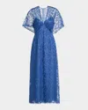 Lela Rose V-neck Tulip Lace Cape-sleeve Midi Dress In Cornflower