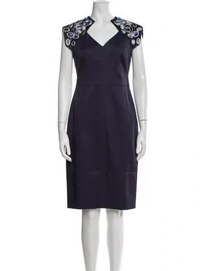 Pre-owned Lela Rose V-neck Knee-length Dress In Blue