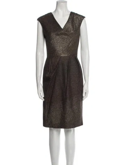 Pre-owned Lela Rose V-neck Knee-length Dress In Gold