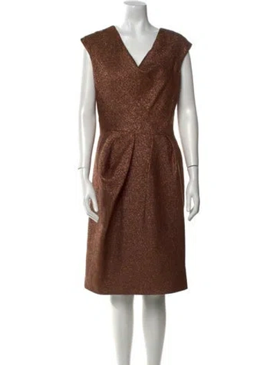 Pre-owned Lela Rose V-neck Midi Length Dress In Brown
