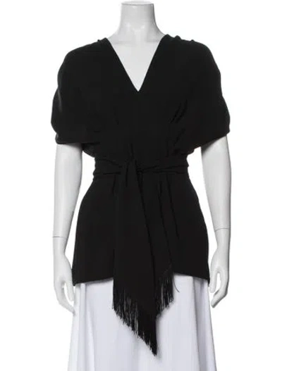 Pre-owned Lela Rose V-neck Short Sleeve Blouse In Black