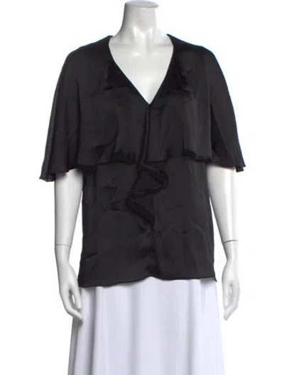Pre-owned Lela Rose V-neck Short Sleeve Blouse In Black