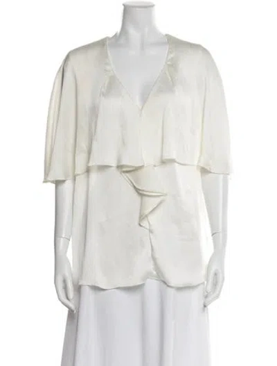 Pre-owned Lela Rose V-neck Short Sleeve Blouse In Neutral