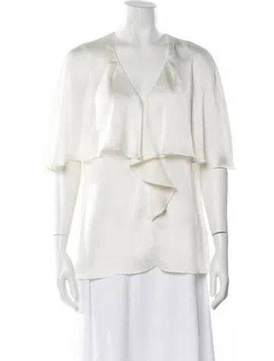 Pre-owned Lela Rose V-neck Short Sleeve Blouse In White